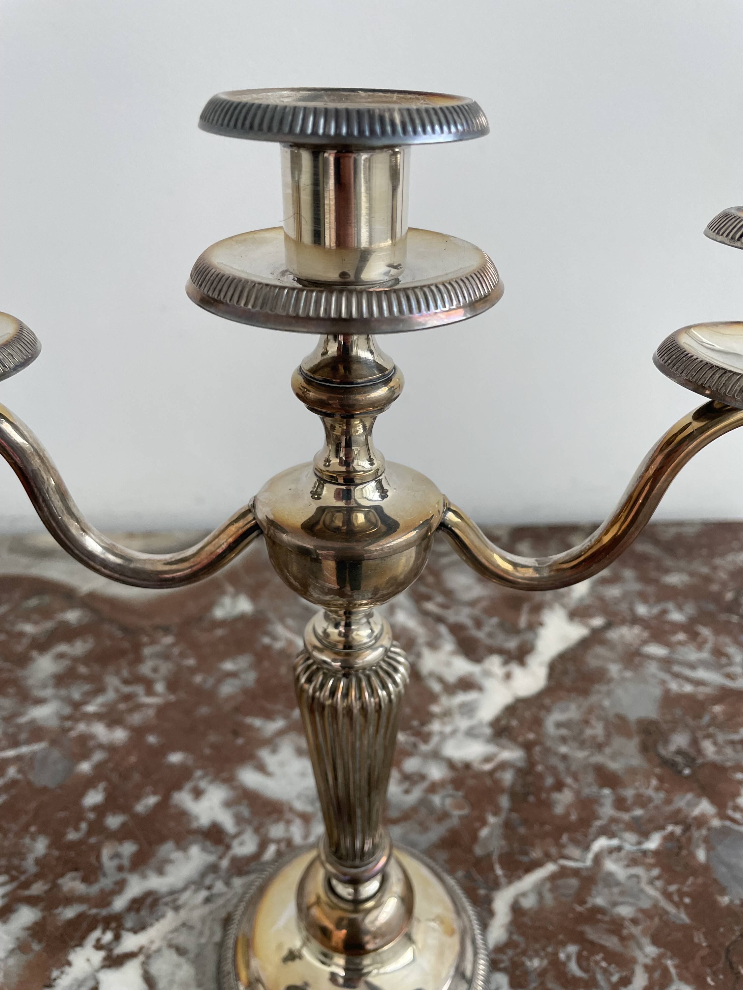 Candlesticks, silver-plated metal, Maison Christofle, pair of candelabras, 3 lights