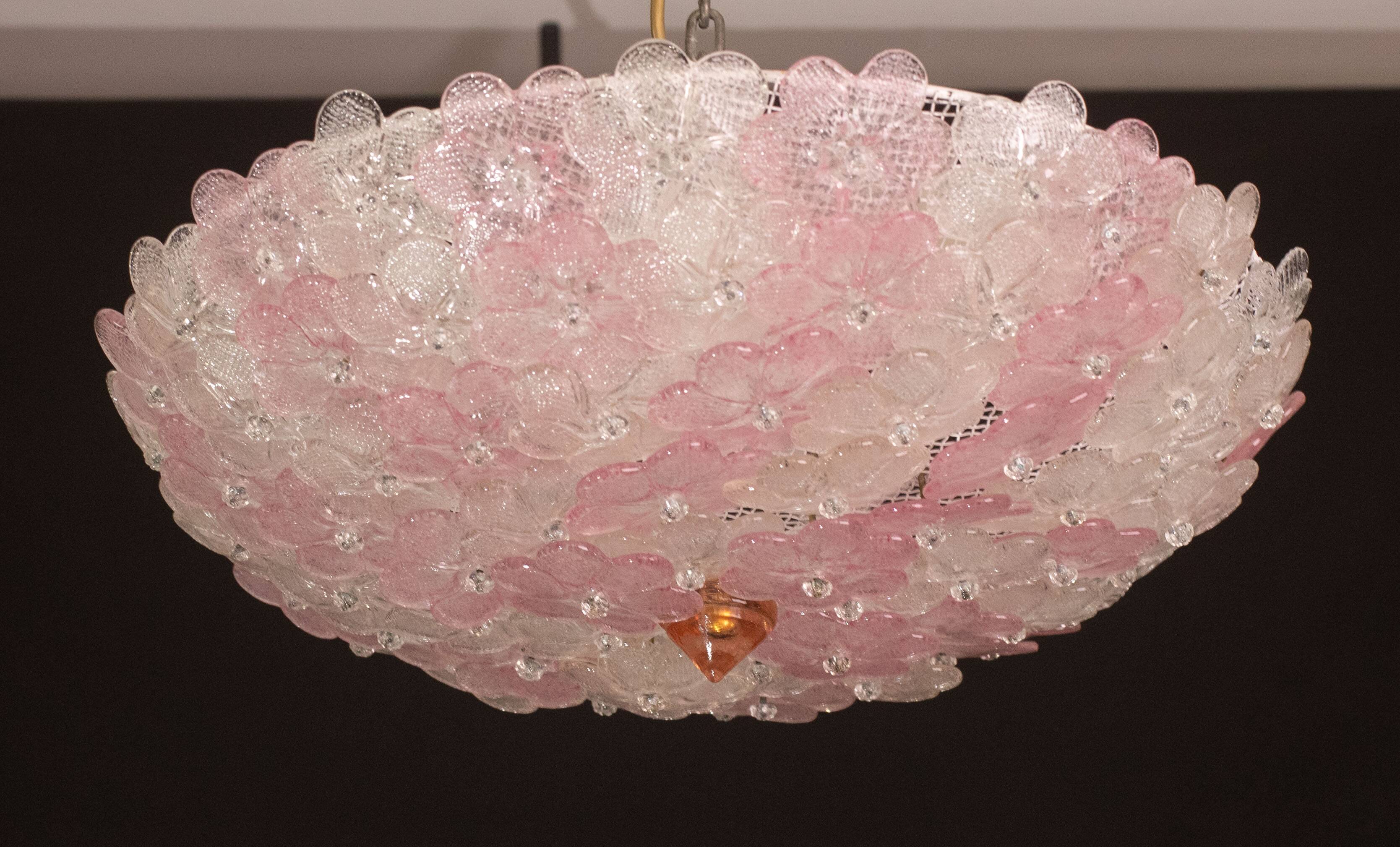 Charming Large Size Murano Ceiling Light Pink Flower by Seguso for Venini,