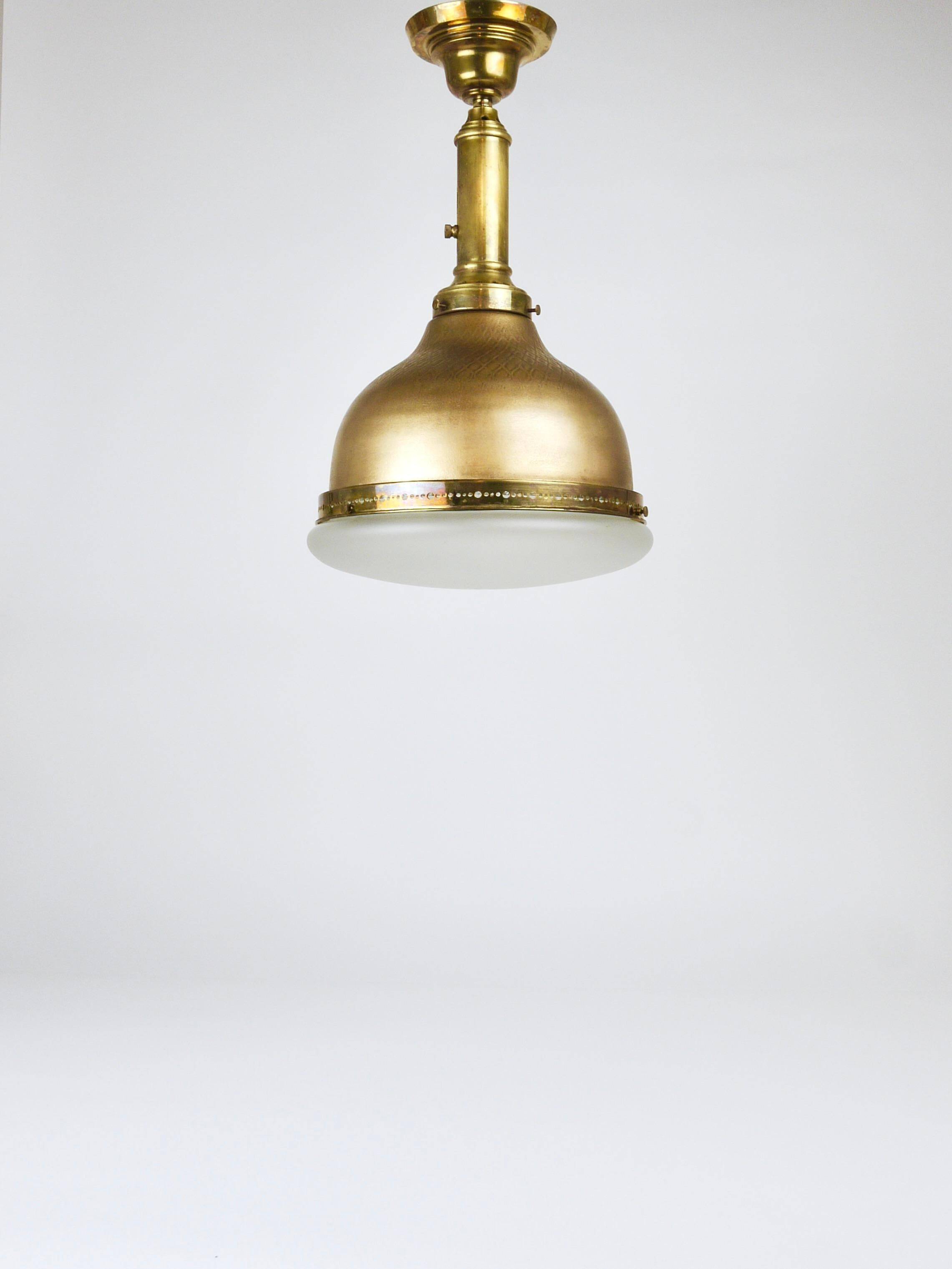 Art Nouveau pendant lamp in brass and glass from the 1920s, ceiling light, Jena, Germany.