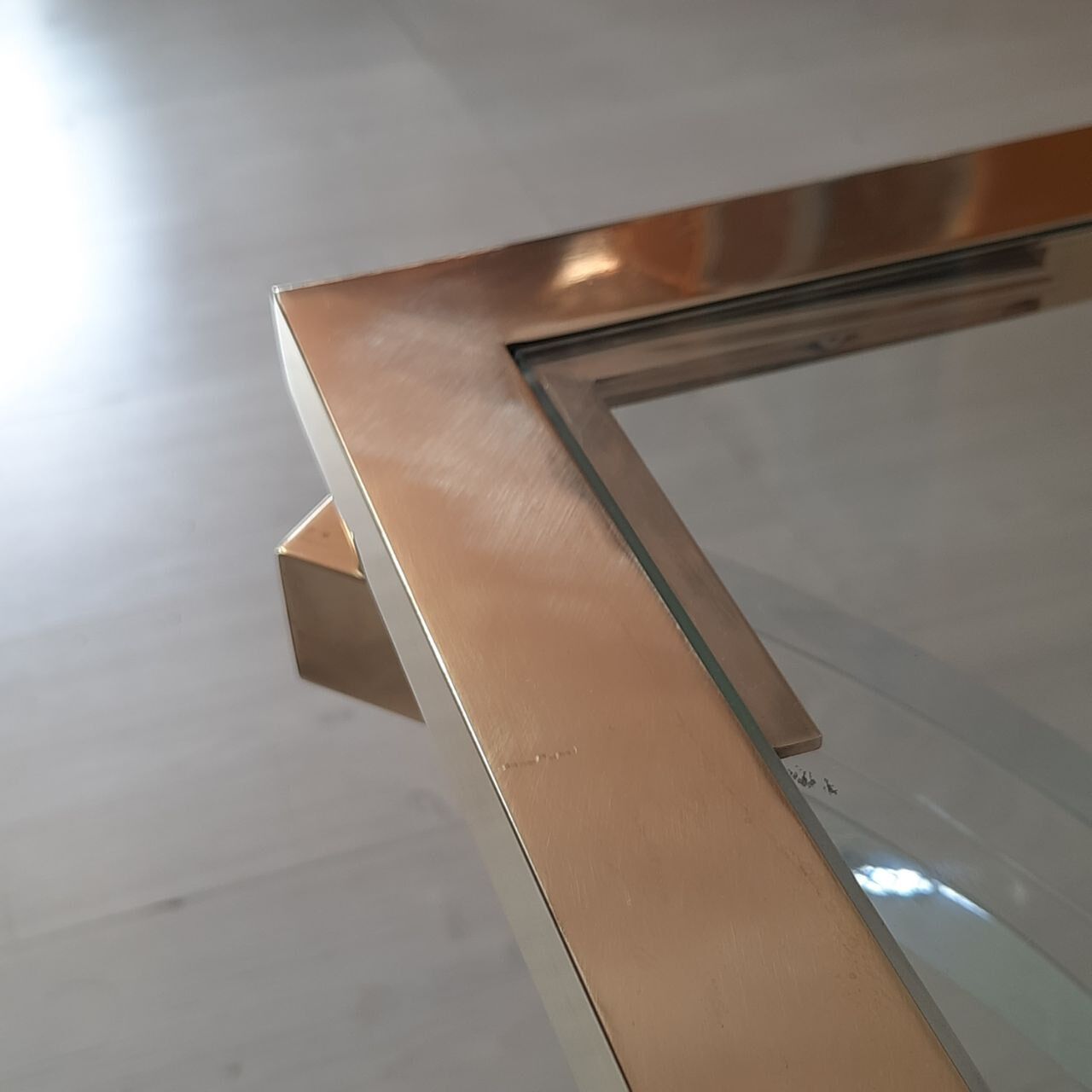 Square coffee table, lucite, brass and glass, Hollywood Regency