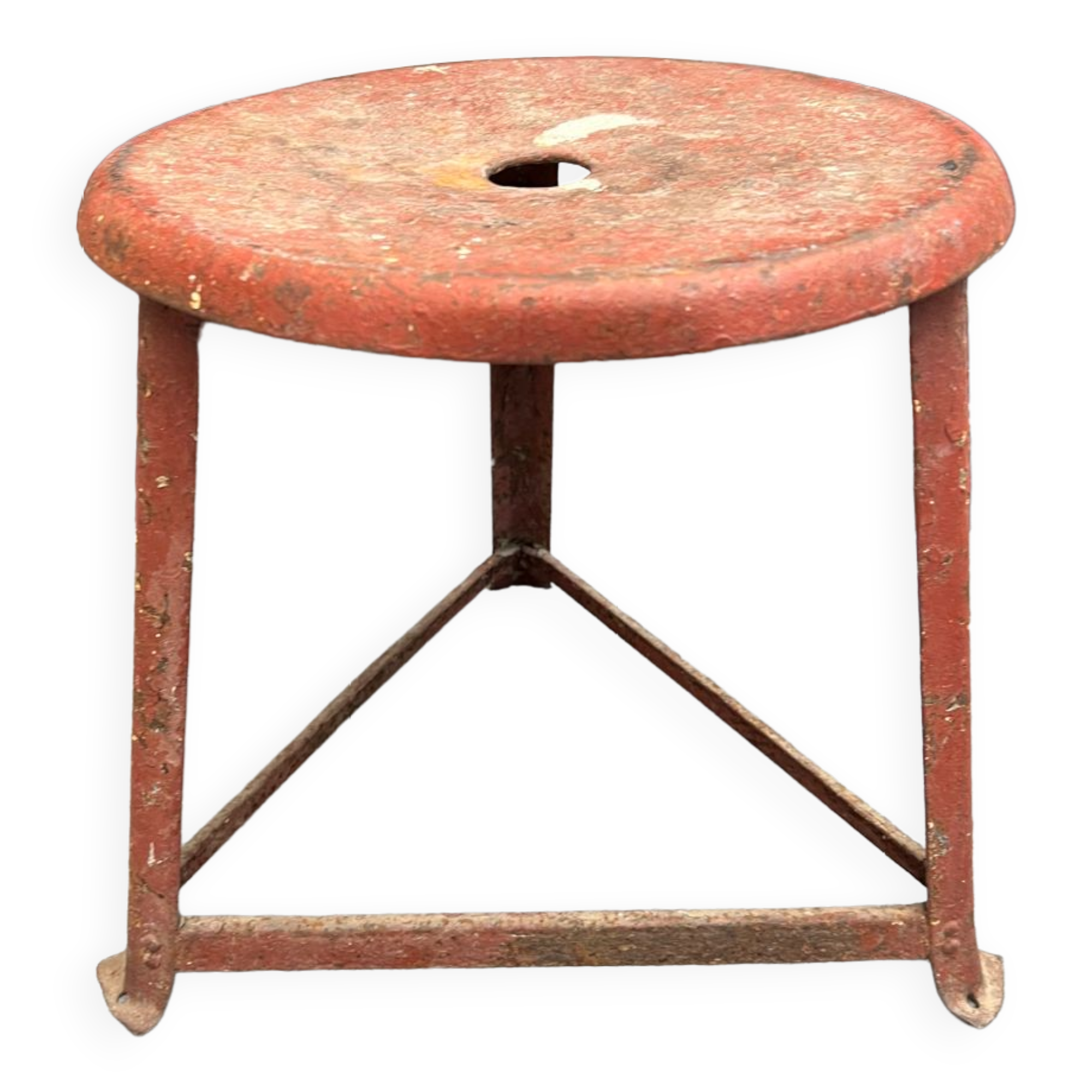Red tripod industrial metal stool