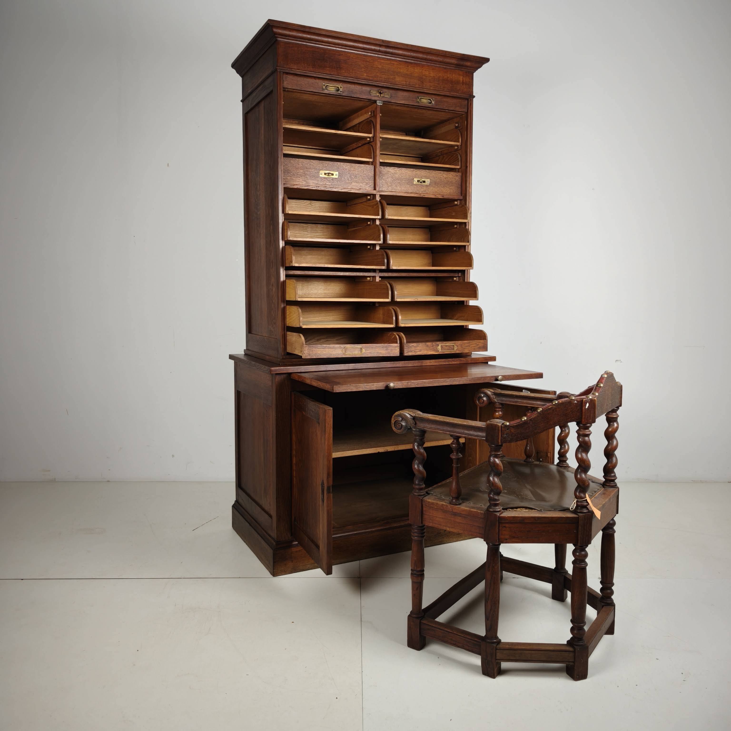 1930s Dutch Oak Roll-Top Notary Cabinet / Archive Cabinet