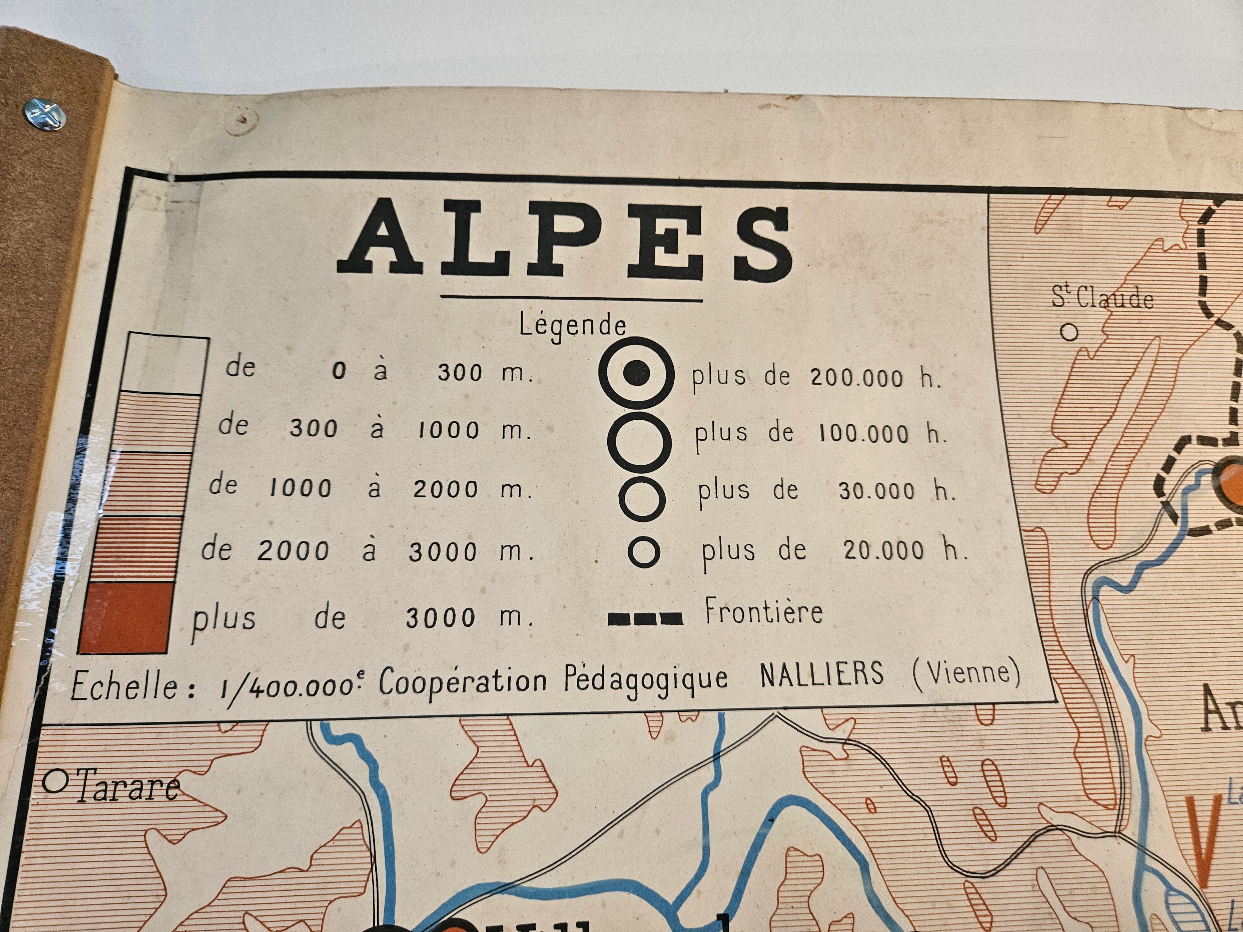 Old school map of geography 1960 Pyrenees and the Alps