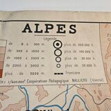 Old school map of geography 1960 Pyrenees and the Alps