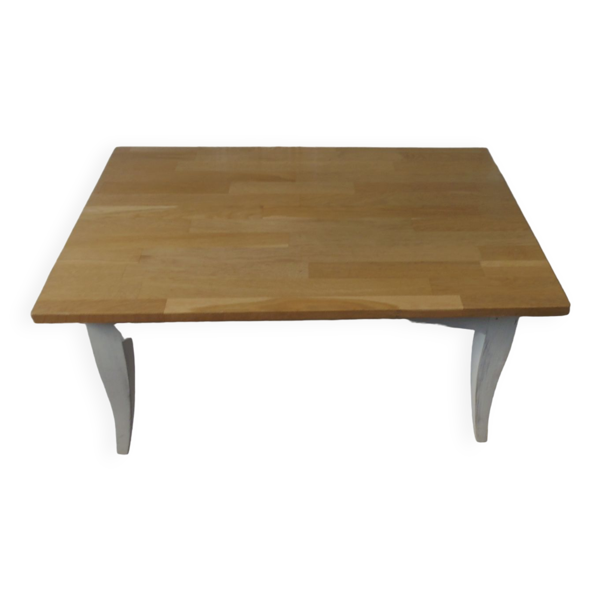 Vintage coffee table patinated pearl gray waxed finish, top against glued varnished oak