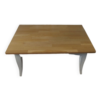 Vintage coffee table patinated pearl gray waxed finish, top against glued varnished oak