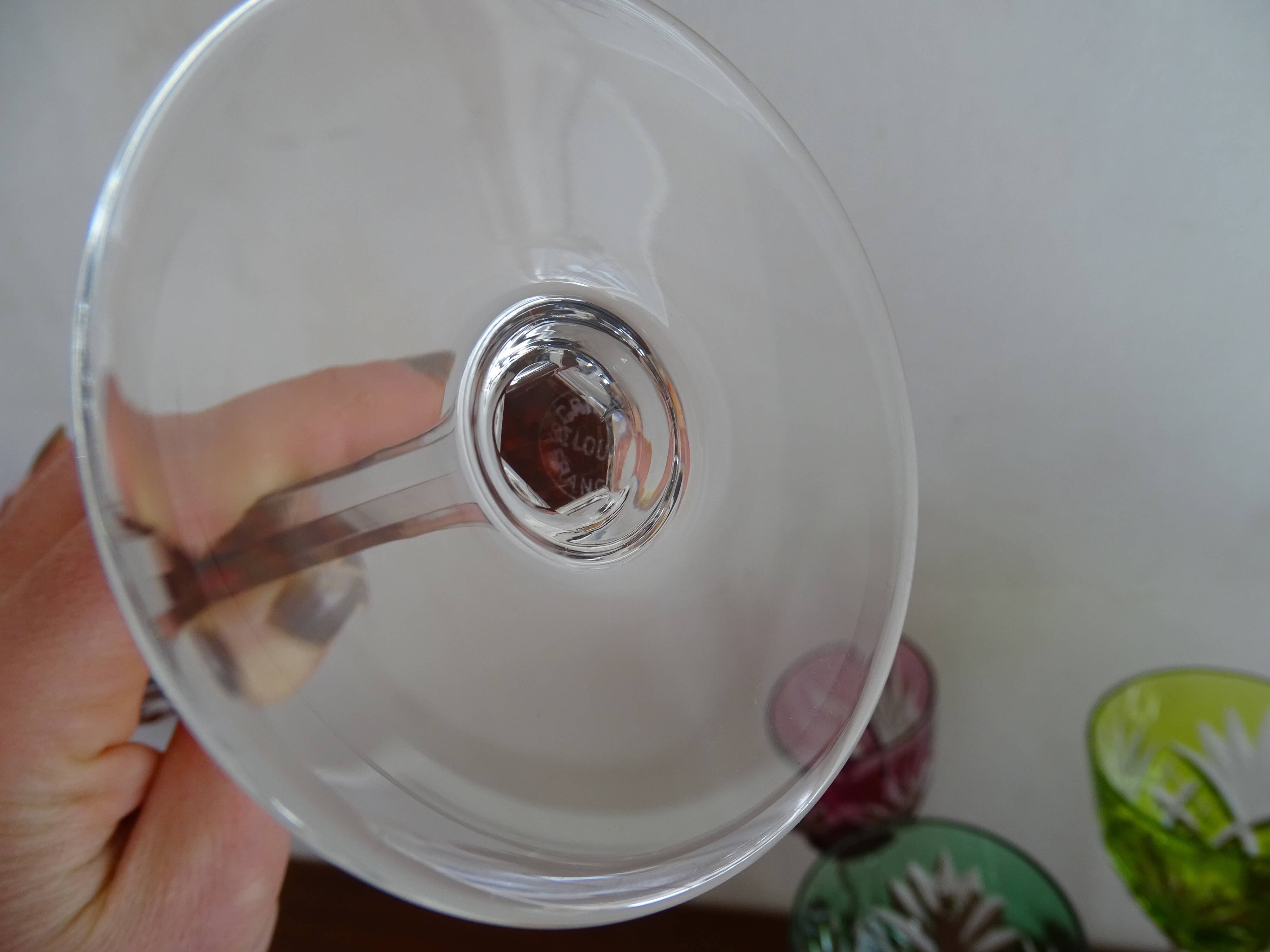 6 Roemer Saint Louis wine glasses in colored lined cut crystal signed