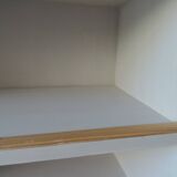 Vintage bookshelf in oak veneer, pearl grey interior, metal legs.