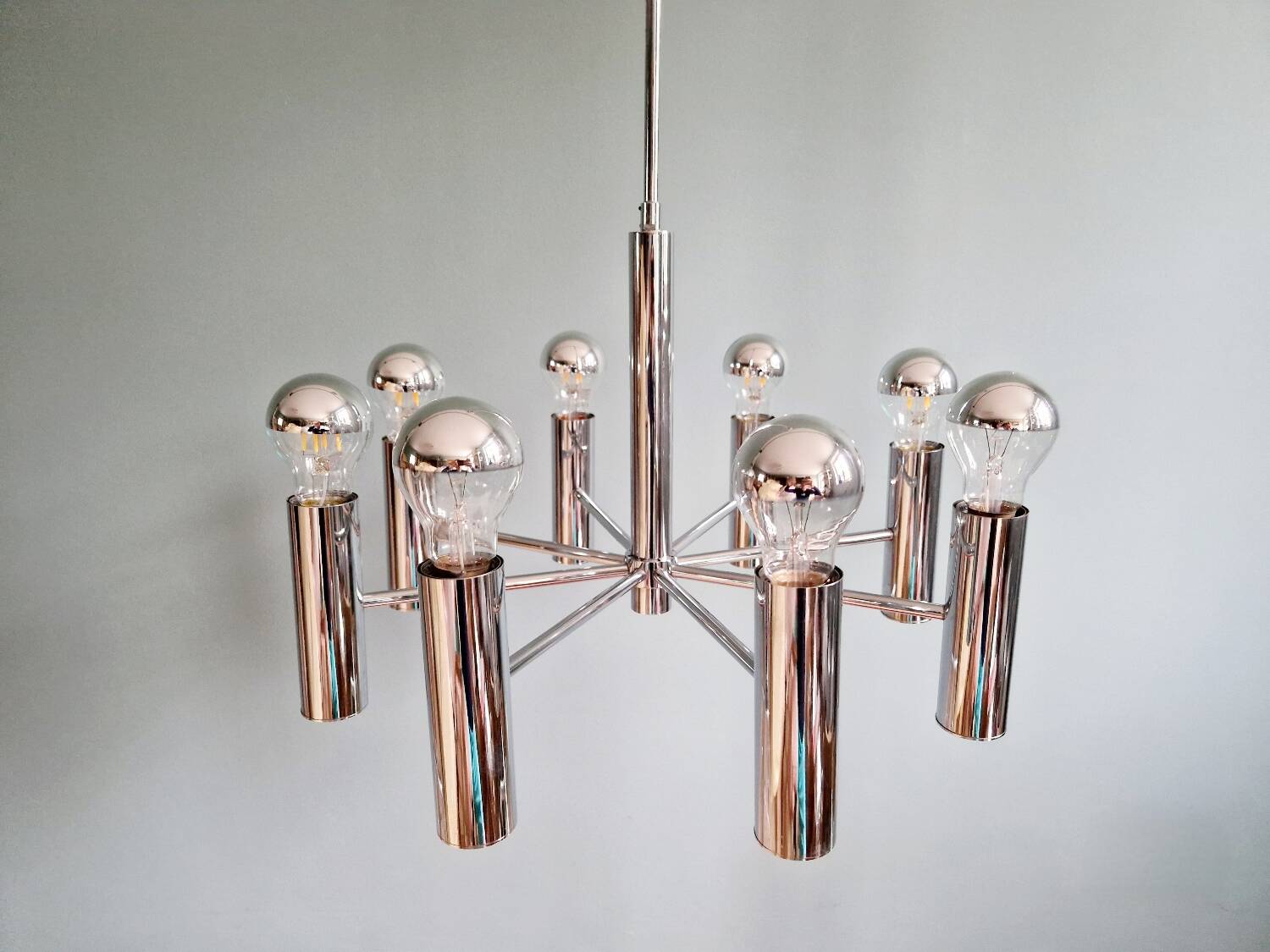 Space Age tubular chrome metal chandelier, 1970s