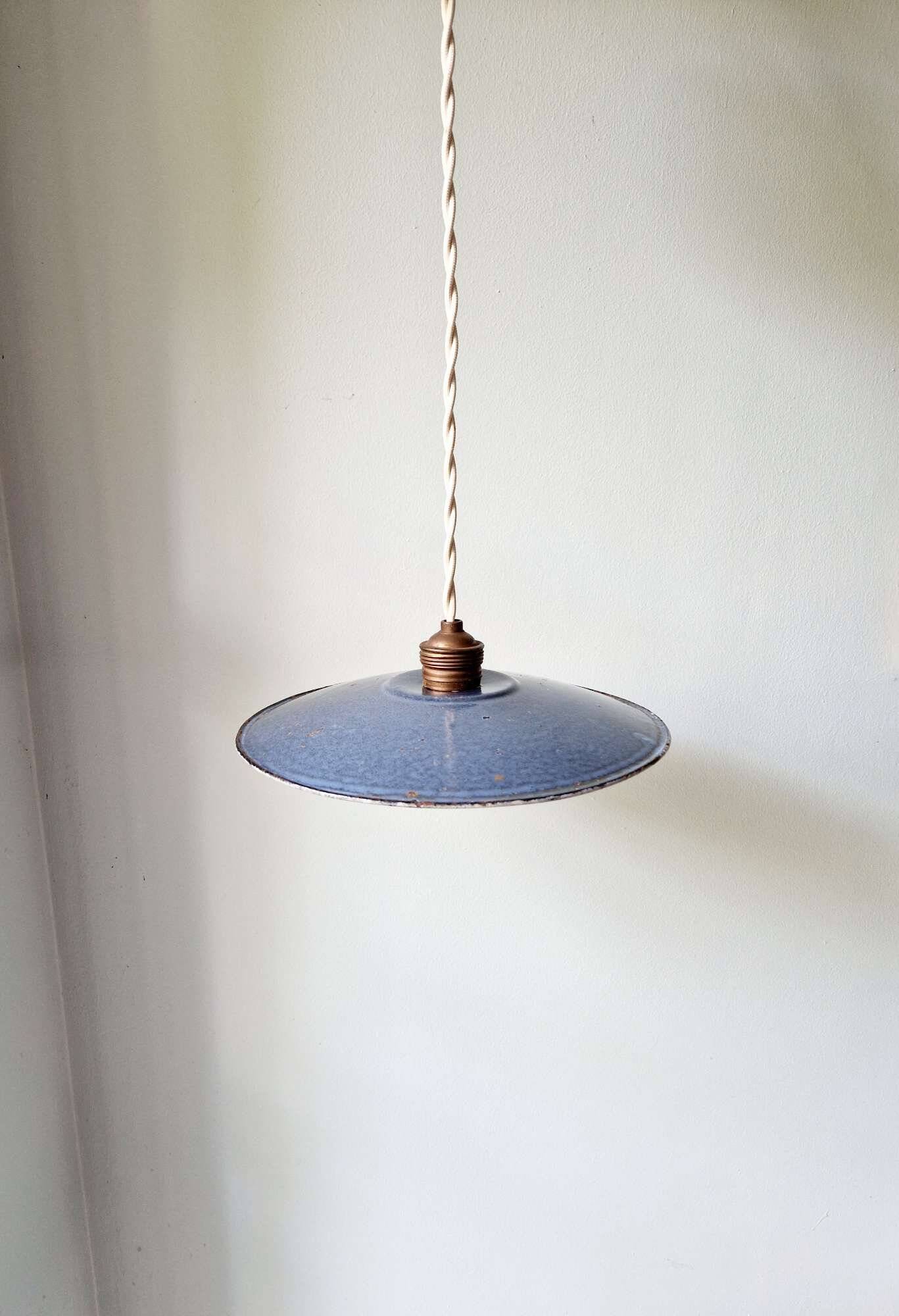 Old industrial pendant light in blue/grey enamelled sheet metal