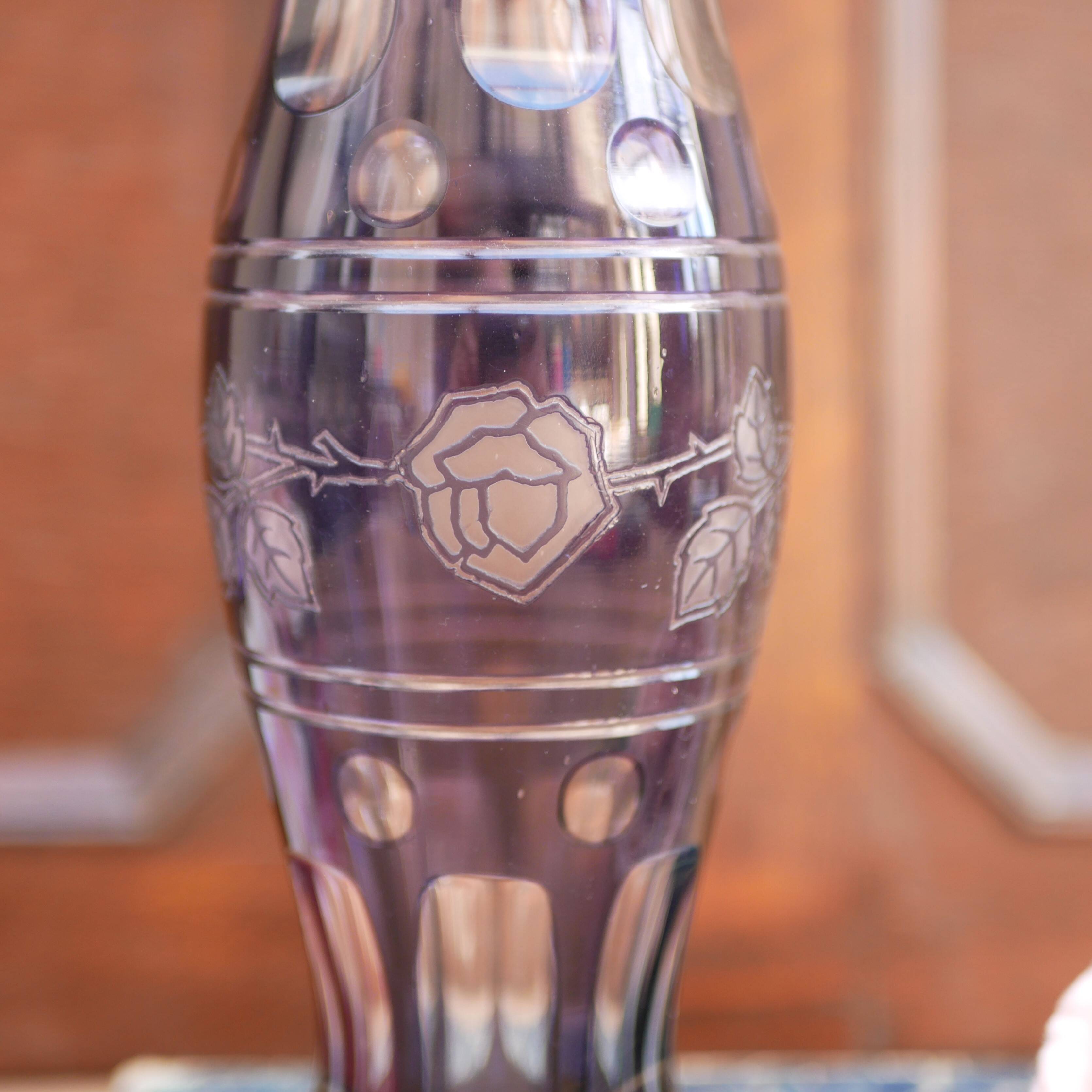 Purple engraved glass vase decorated with roses and "bubbles"