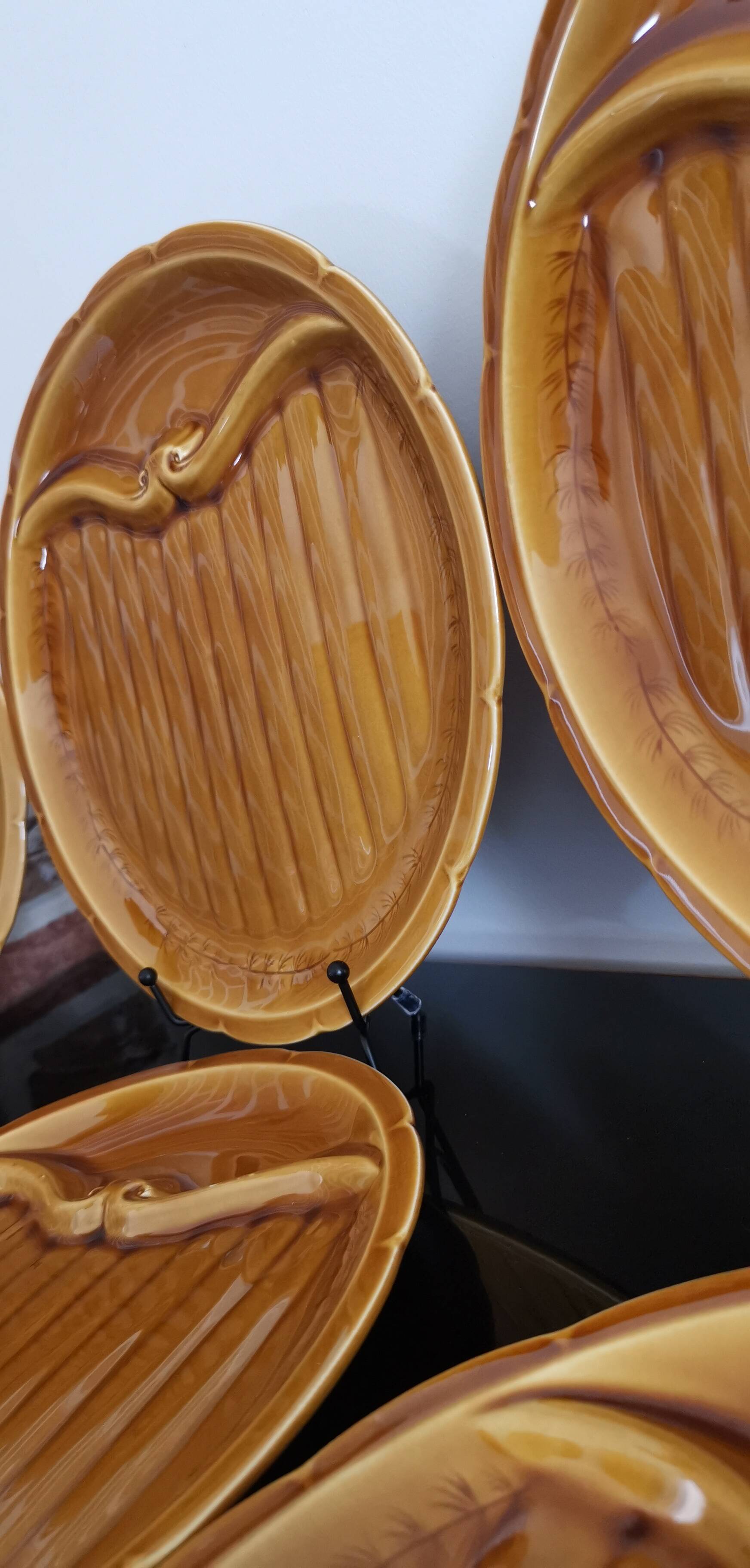 8 vintage Gien France asparagus plates in glazed brown slip