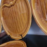8 vintage Gien France asparagus plates in glazed brown slip