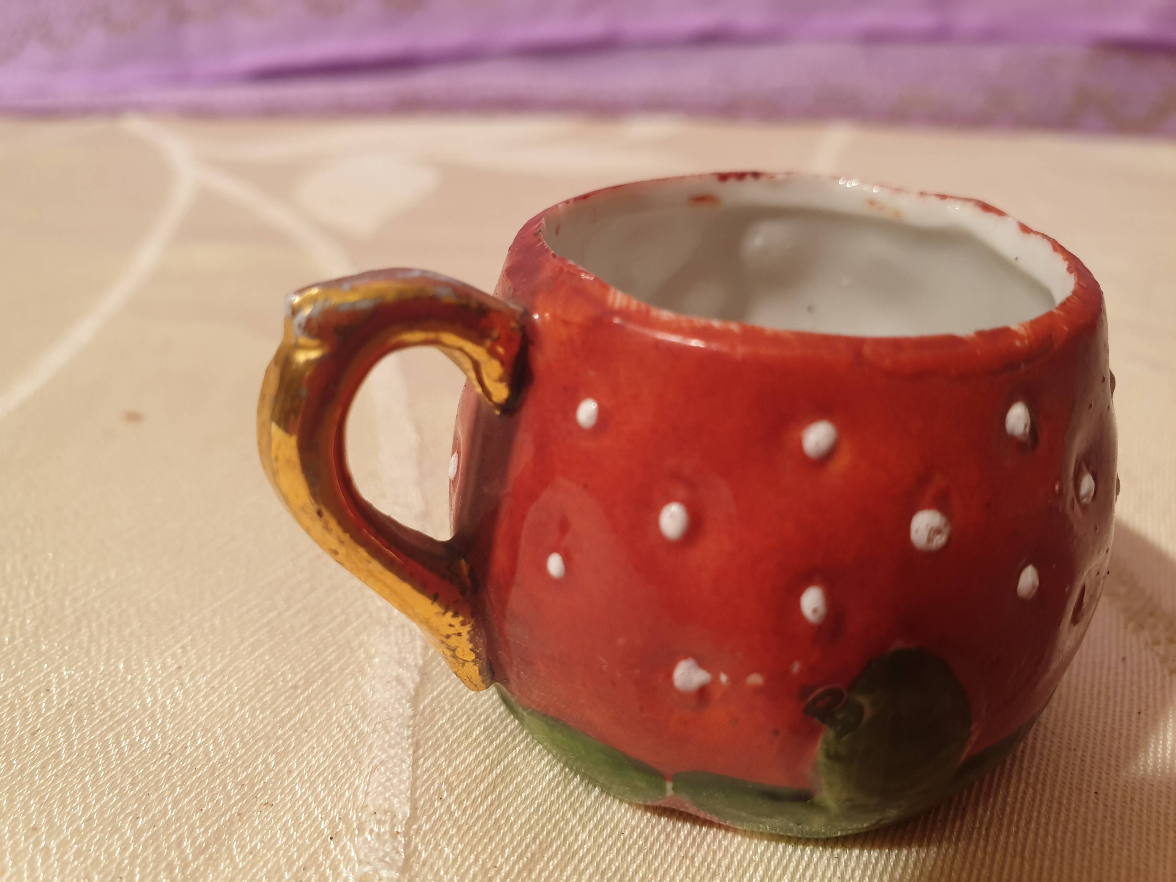 Old strawberry liqueur service carafe 6 small porcelain cups biscuit barbotine