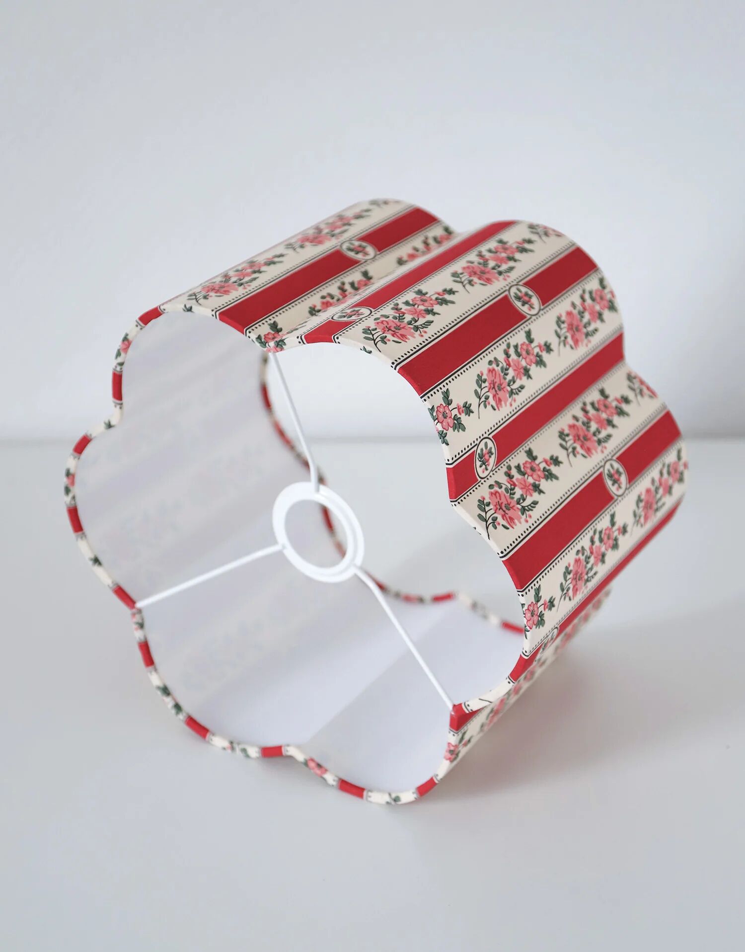 Recycled vintage lamp — turned red wooden base, floral shade