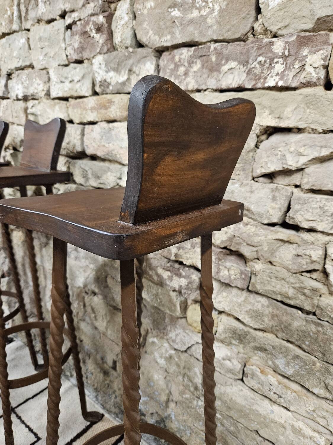 Set of 8 brutalist wrought iron bar stools 1970"