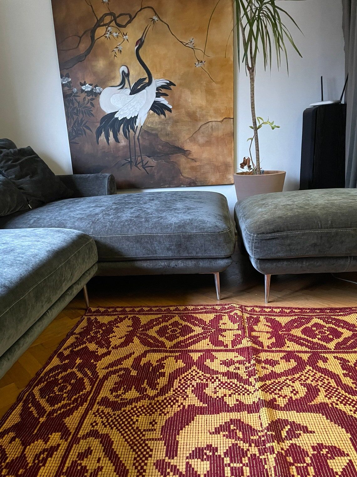 Vintage Romanian carpet floral design brown on yellow background 251x150cm