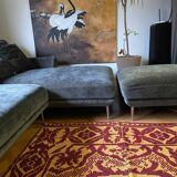 Vintage Romanian carpet floral design brown on yellow background 251x150cm