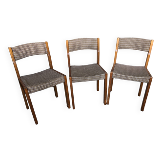 Lot de 3 chaises bois tissu carreaux années 60 vintage