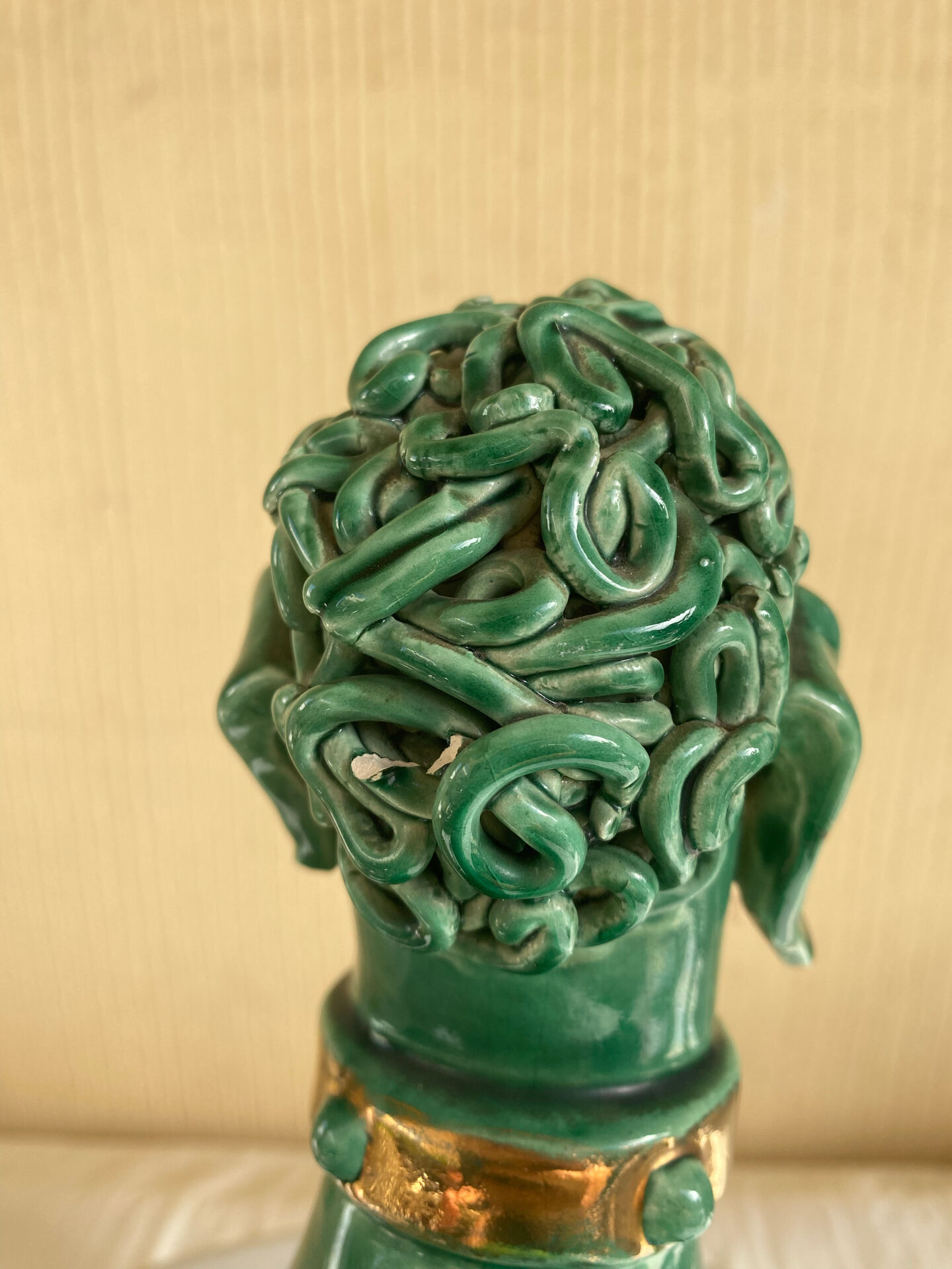 Large green glazed ceramic spaghetti poodle from the 60s.