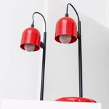 Set of 2 red metal table lamps with black stems, Memphis-Postmodern Italy 1980s