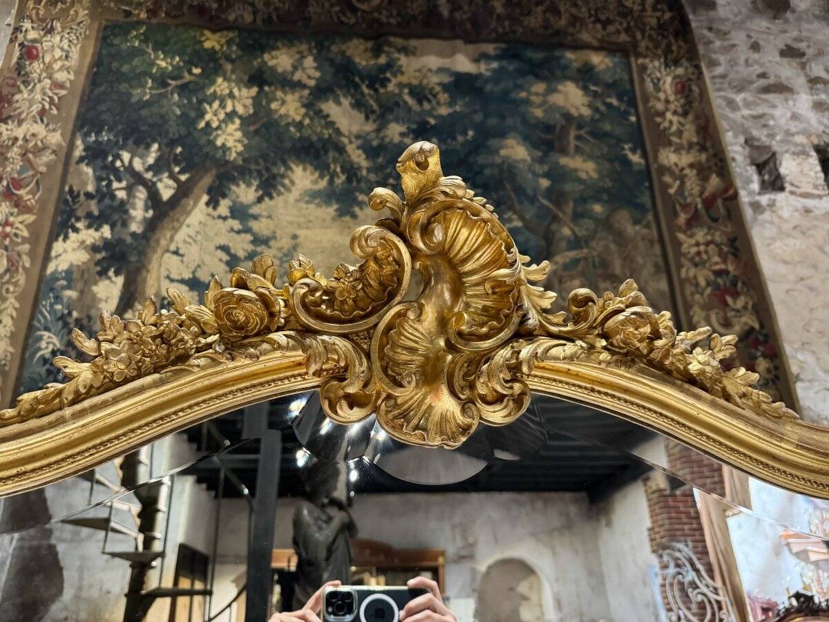 Napoleon III Period Fireplace Mirror in Gilded Wood with Louis XV Style Leaf