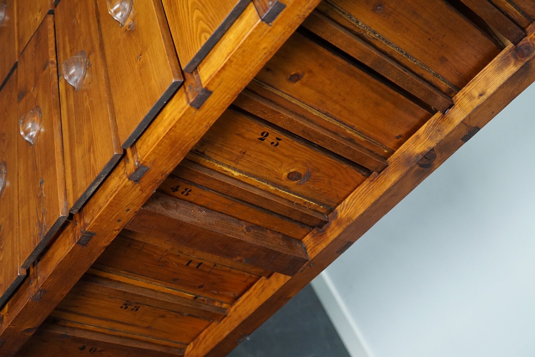 Dutch pine industrial apothecary cabinet, 1950s