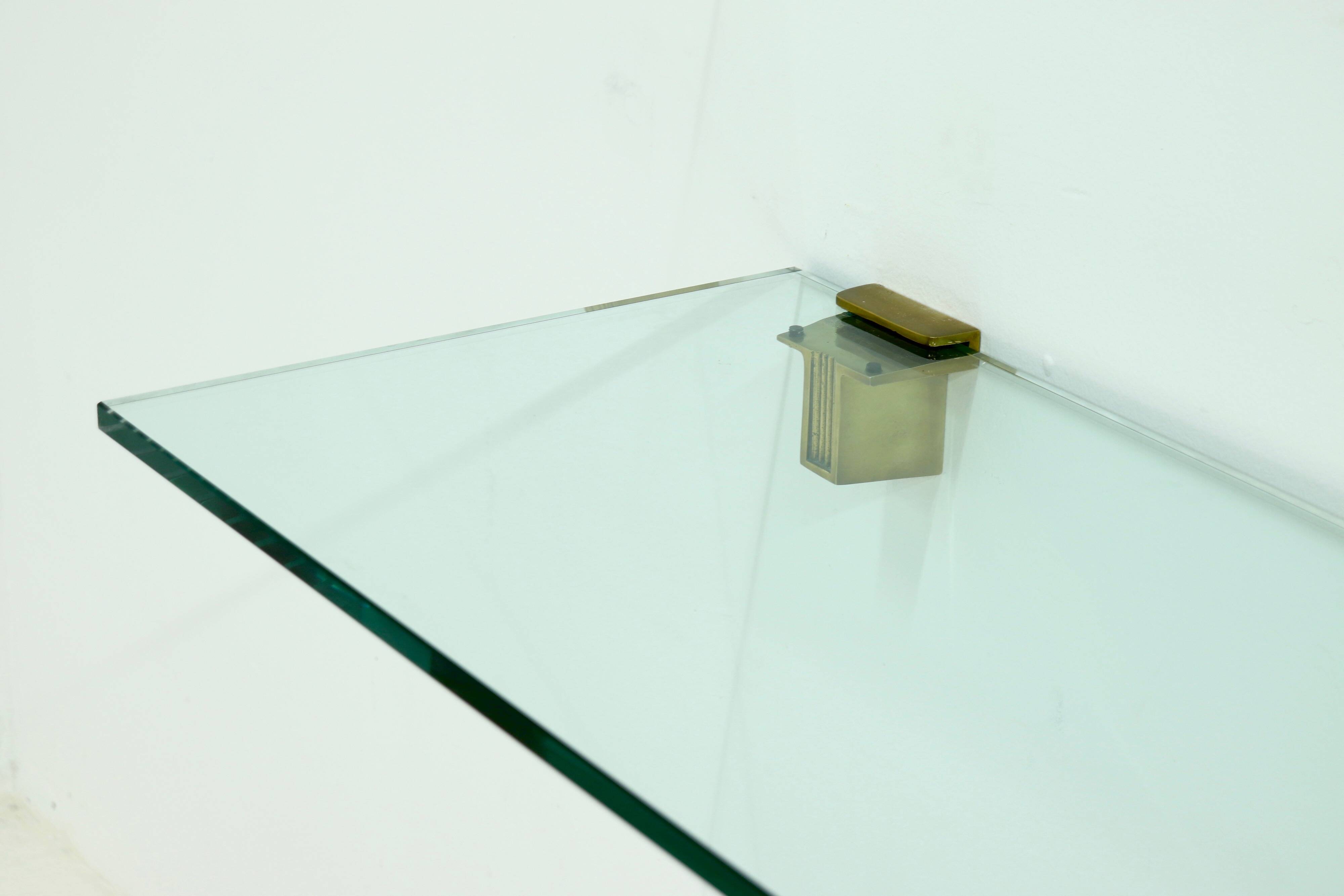 Rare Large Peter Ghyczy Brass and Glass Wall-Mounted Shelving Unit 1970s