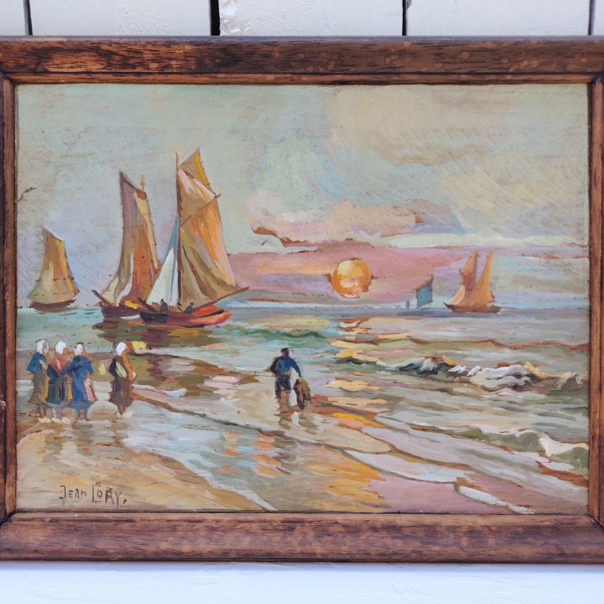Gouache on panel, return from fishing, Jean Lory