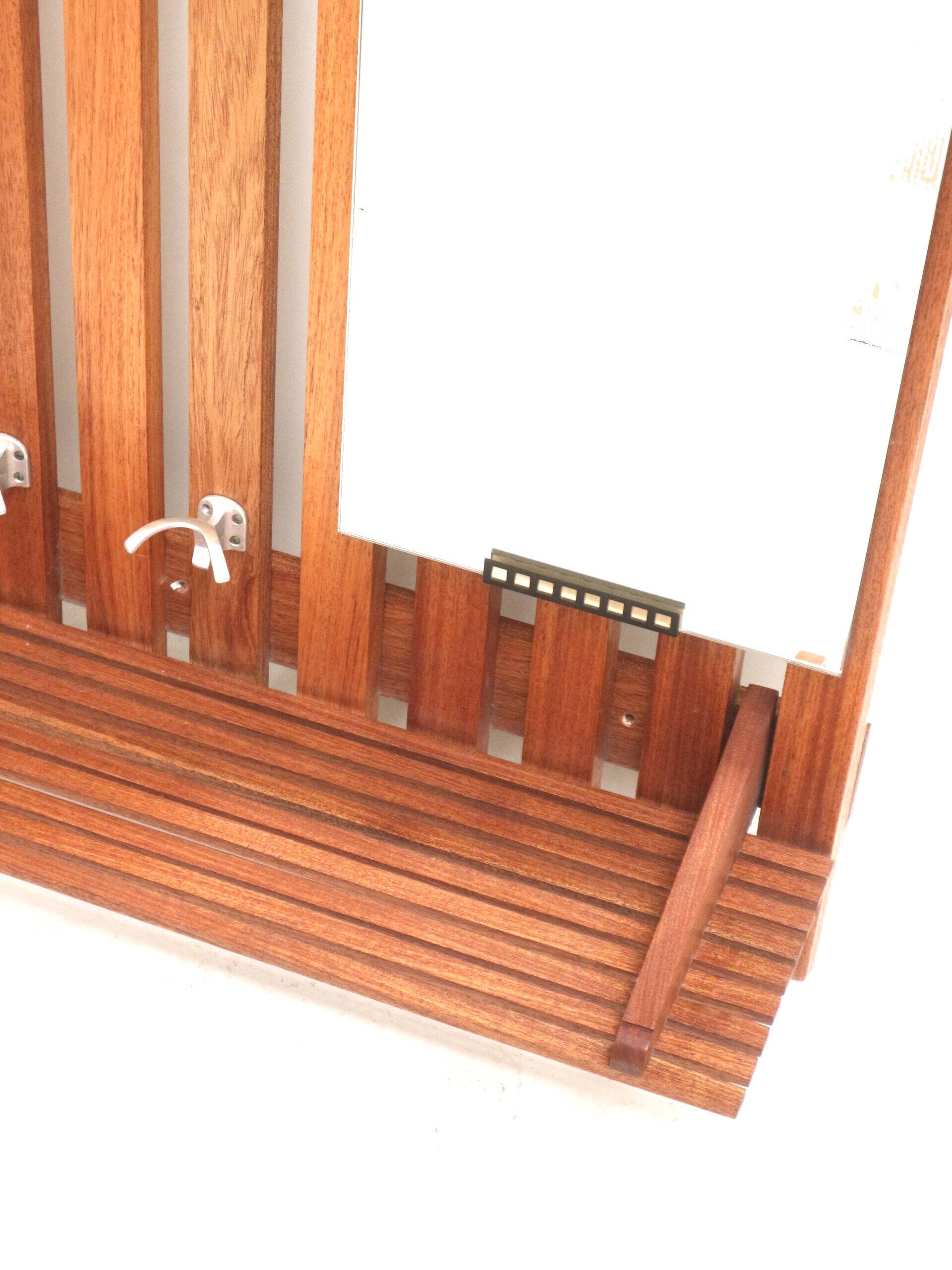 Large vintage coat rack with mirror and rack made of teak wood