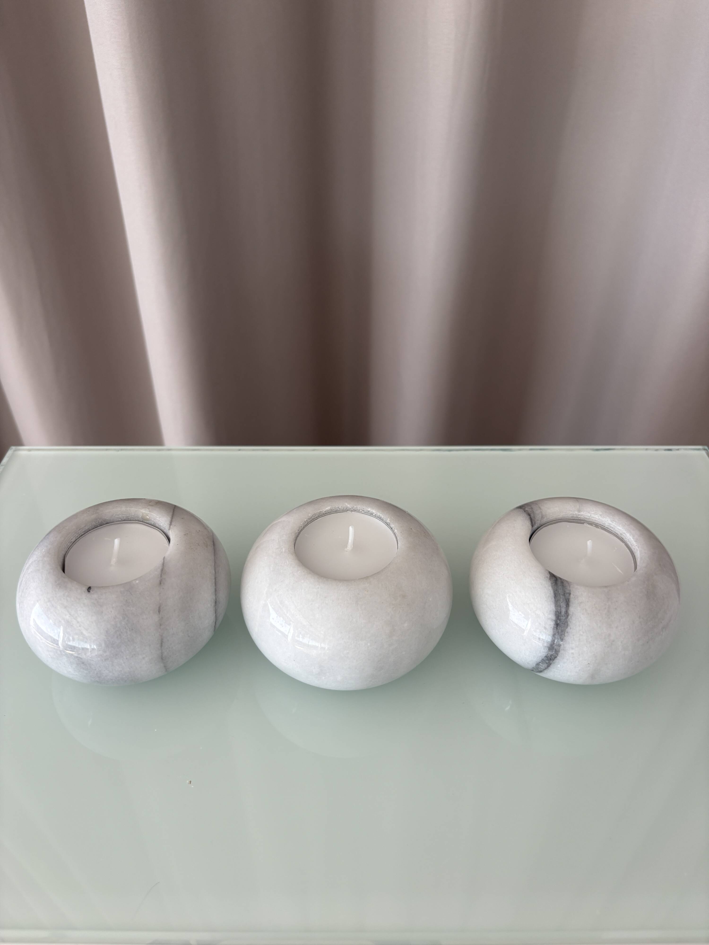 Set of 3 White Marble Tea Light Holders – Minimalist Scandinavian Style