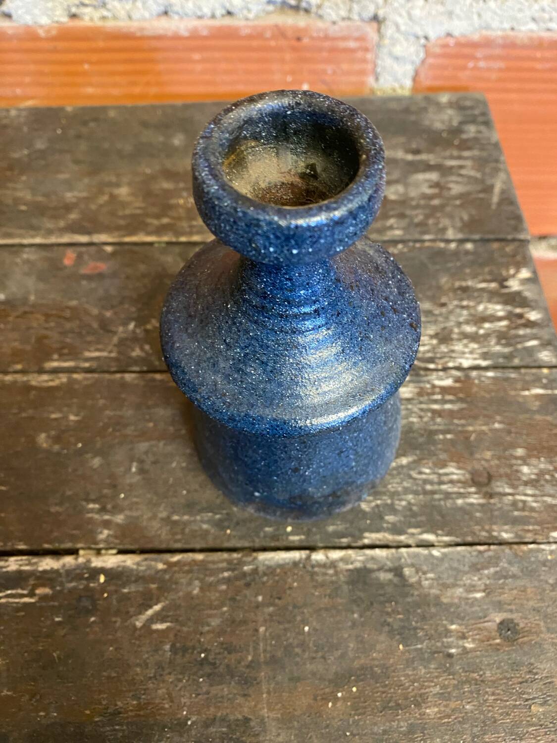 Vintage 1970s Blue Glazed Terracotta Candle Holder