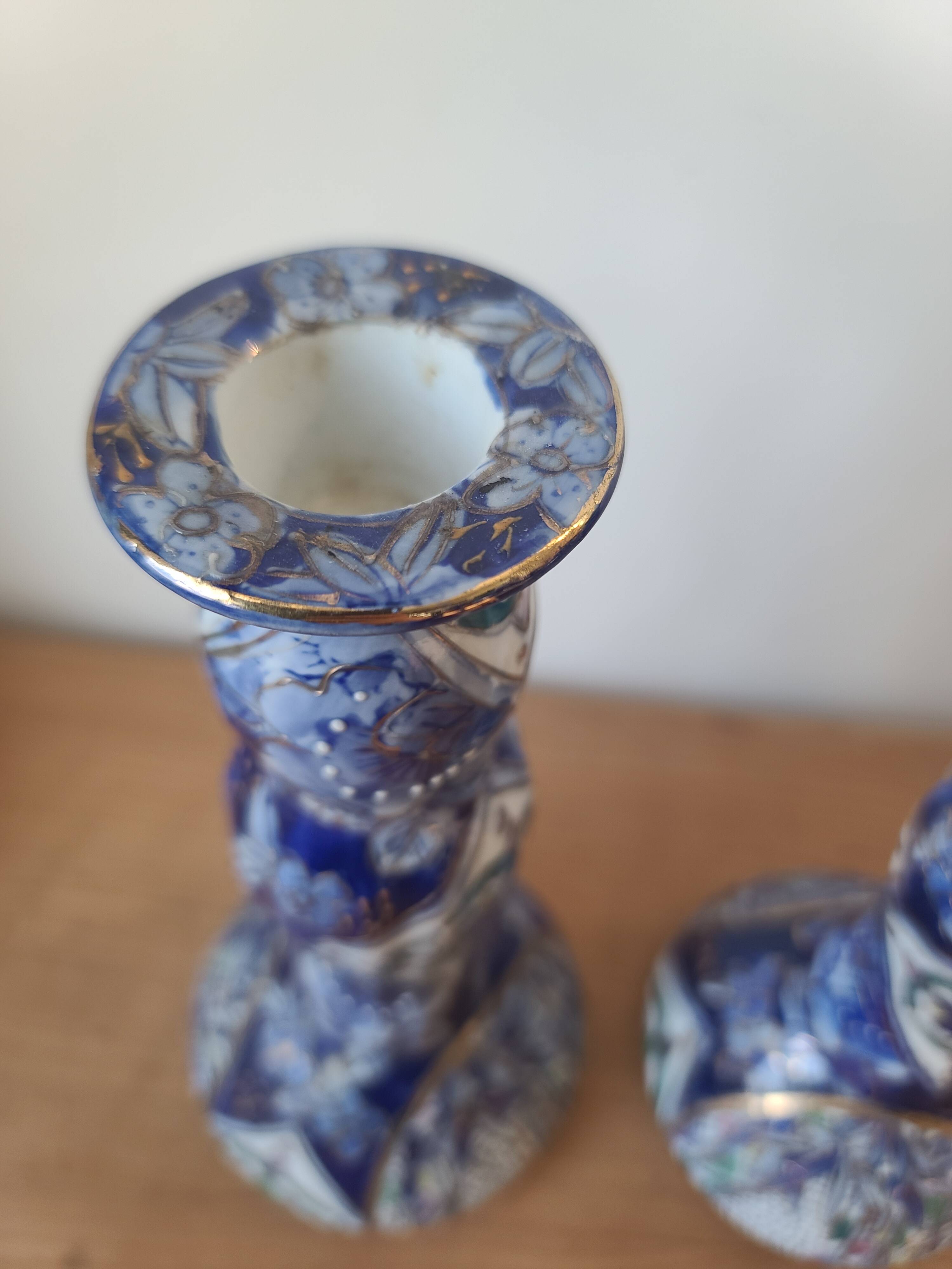 Vintage-style blue and gold floral ceramic candlesticks CHMR
