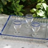 Rare liqueur service (with carafe of whiskey and small glasses) with blue and yellow borders
