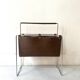 Modernist magazine rack in brown leather & chrome wire metal – 1970 design