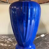 Large blue ceramic lamp with floral shade