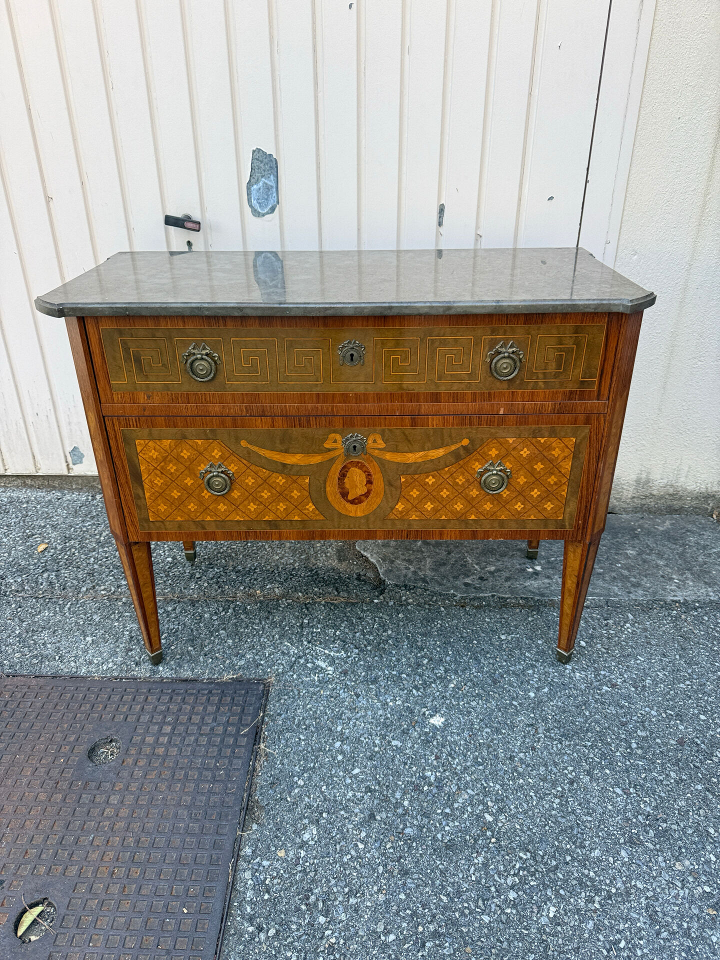 Louis XVI style commode in marquetry, 20th century – Marble top