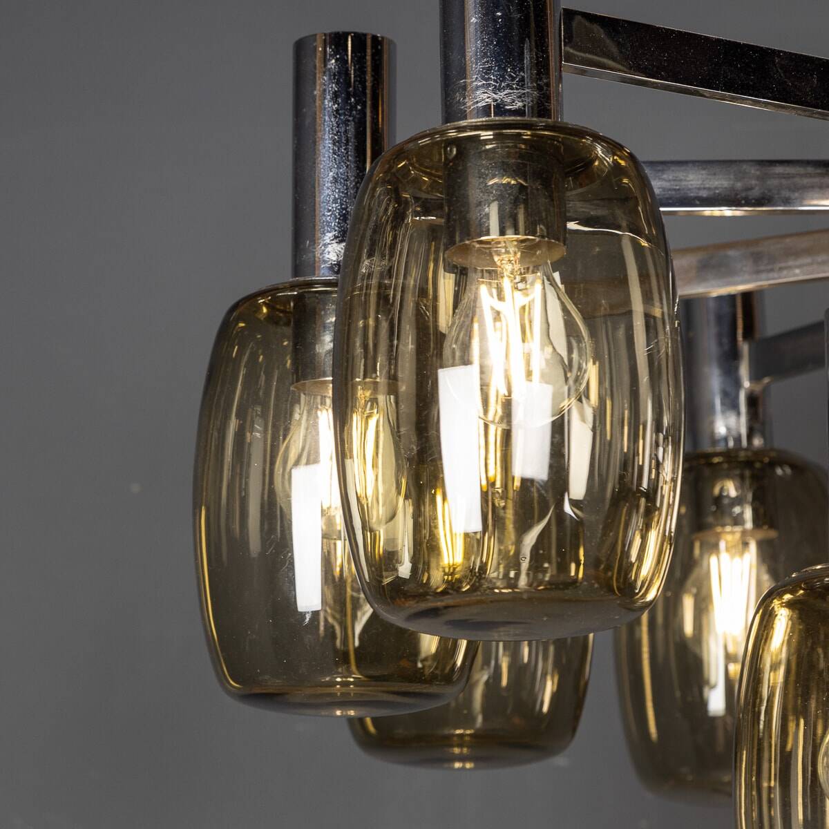 20thC ITALIAN CHROME & SMOKED GLASS EIGHTEEN LIGHT CHANDELIER c.1970