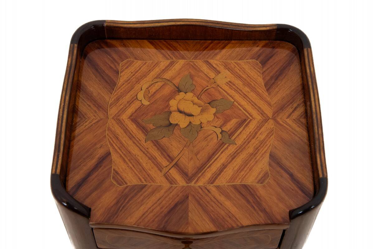 Inlaid bedside tables, Louis XV style, France.