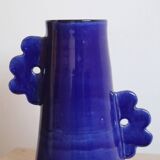 Handmade ceramic abstract vase with asymmetrical floral handles midnight blue
