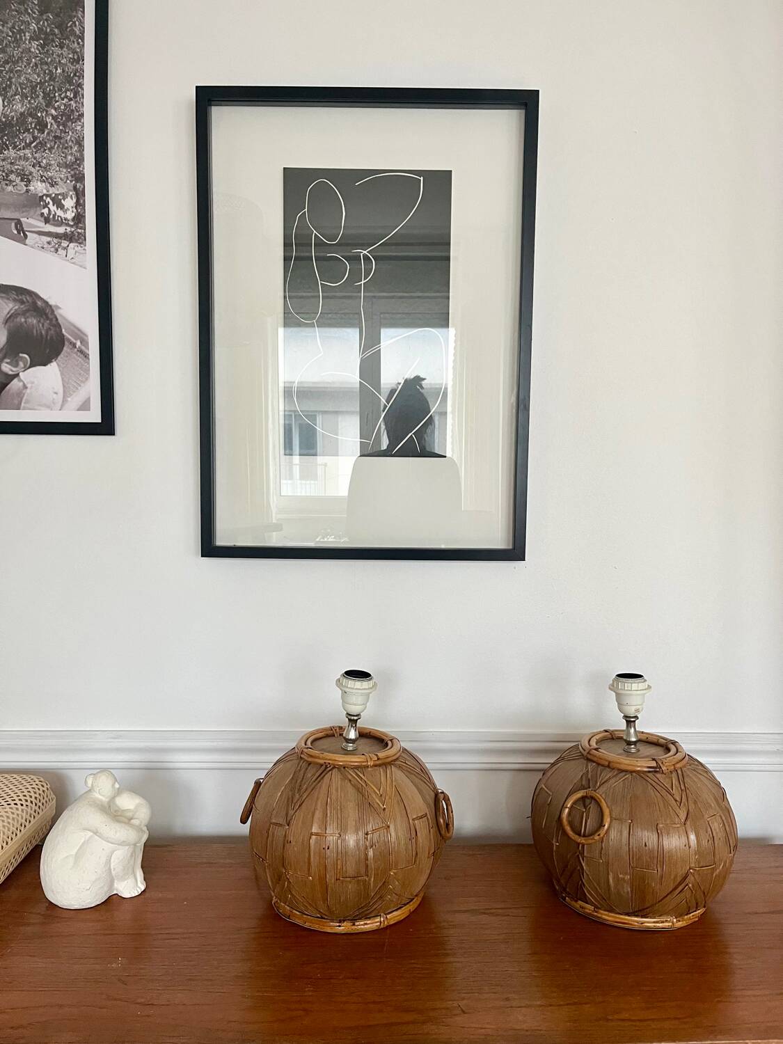 Pair of vintage rattan ball lamp bases