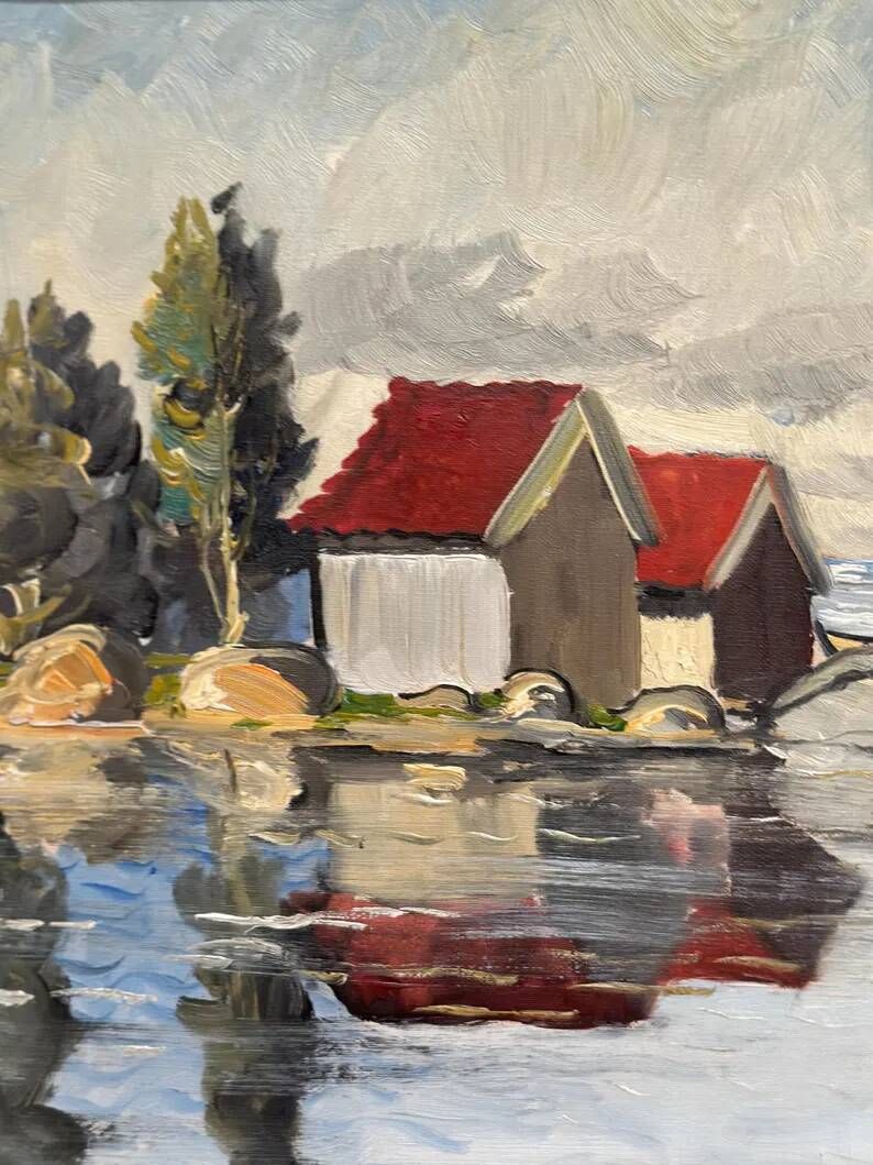 Original Swedish Oil on Canvas – "Houses and Trees", Unknown Artist – Signed, Vintage and Framed – 53.5 x 46 cm (21 x 18 inches)