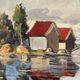 Original Swedish Oil on Canvas – "Houses and Trees", Unknown Artist – Signed, Vintage and Framed – 53.5 x 46 cm (21 x 18 inches)