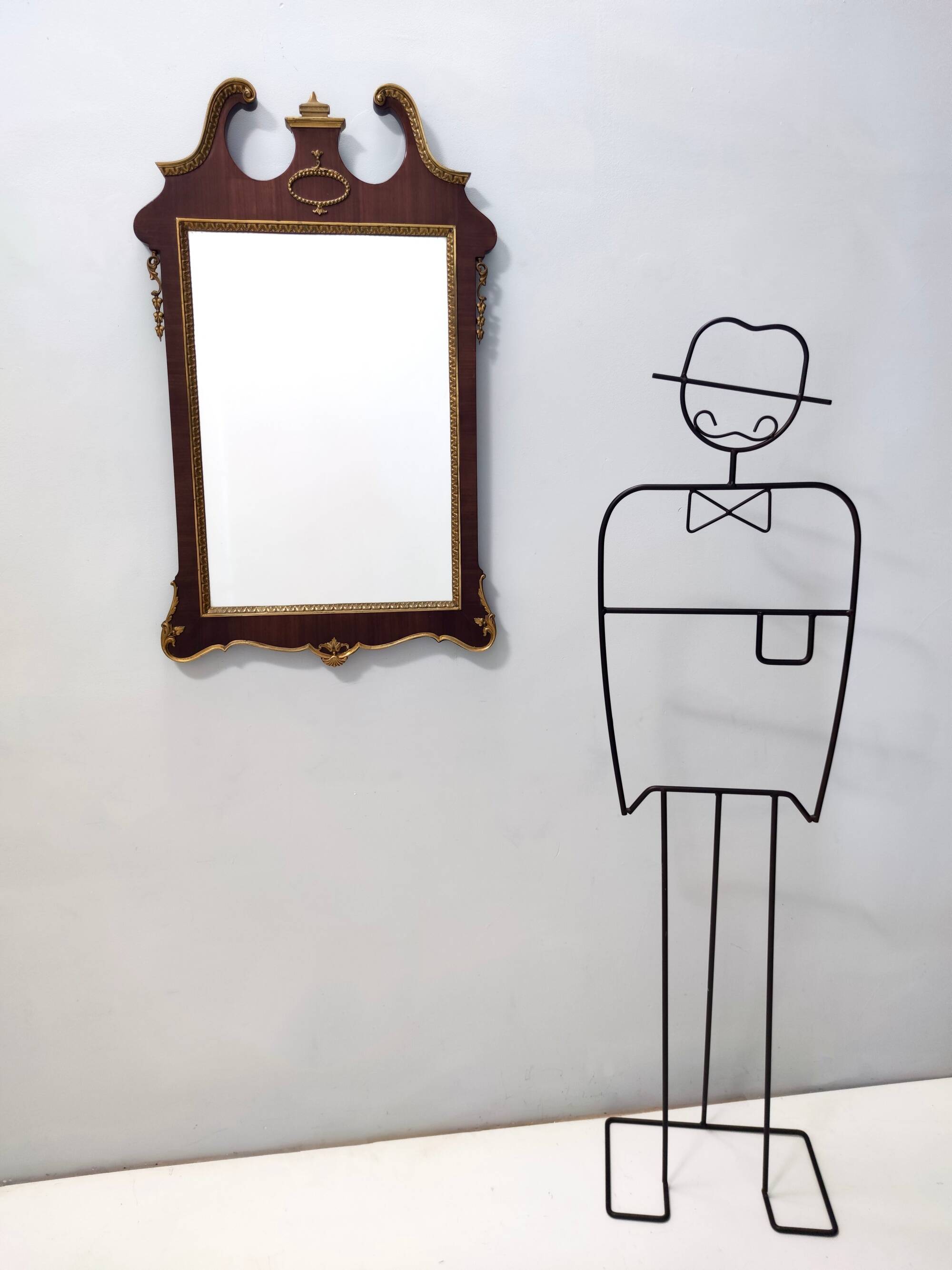 Wall Mirror with Ebonized Beech Frame and Cast Brass Details, Italy