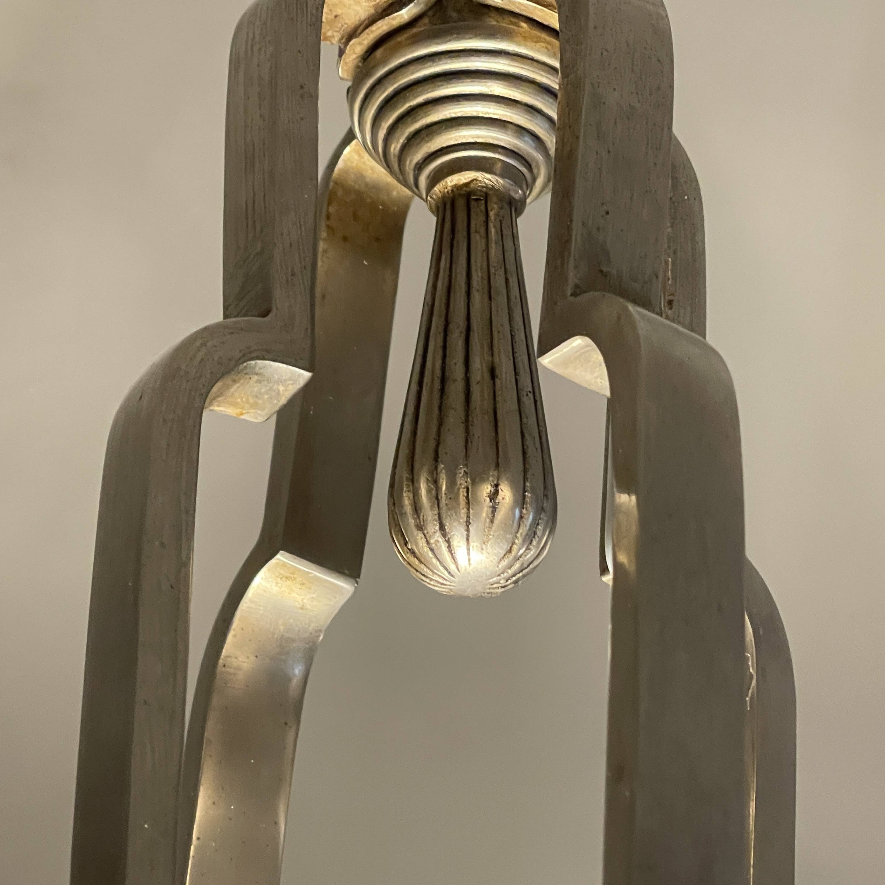 Art Deco Chandelier Sandblasted Pressed Glass, Nickel-plated Bronze 1930