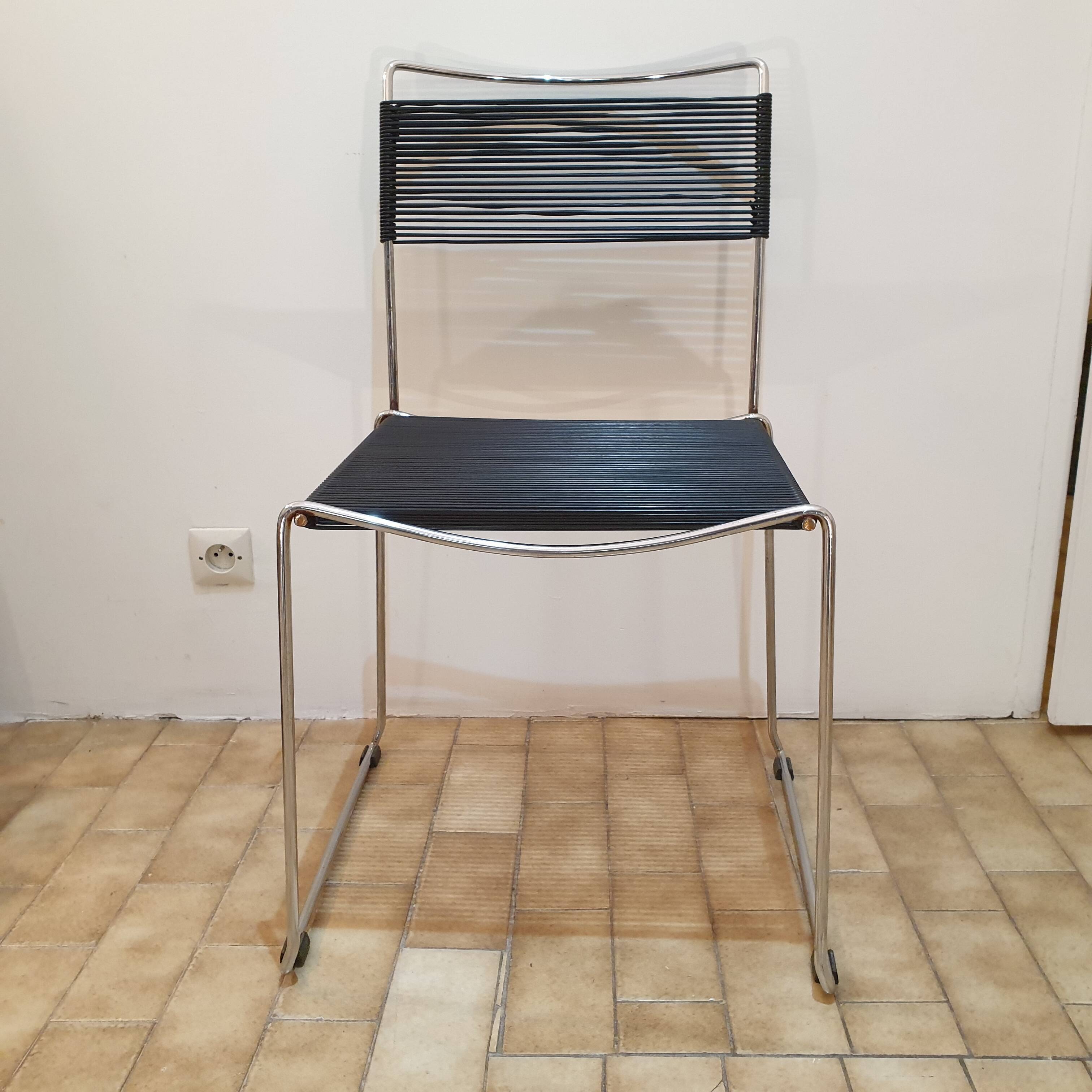 Pair of spaghetti chairs stainless steel and black scoubidou Giondomenico Belotti