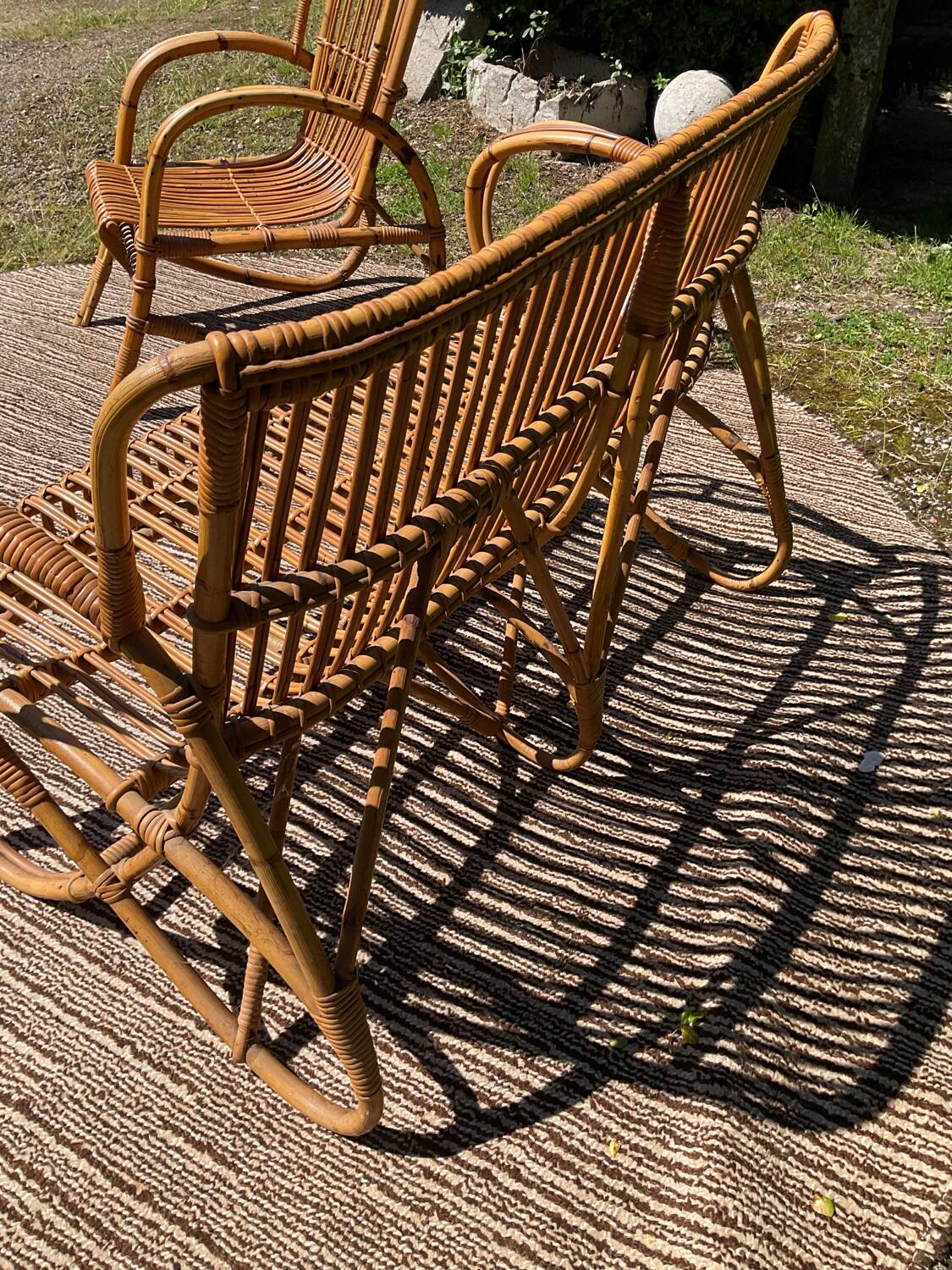 Vintage rattan lounge bench and 2 armchairs