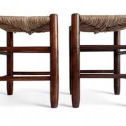 Charlotte Perriand Style, Pair of Rustic Wood and Straw Stools, France, c. 1950s