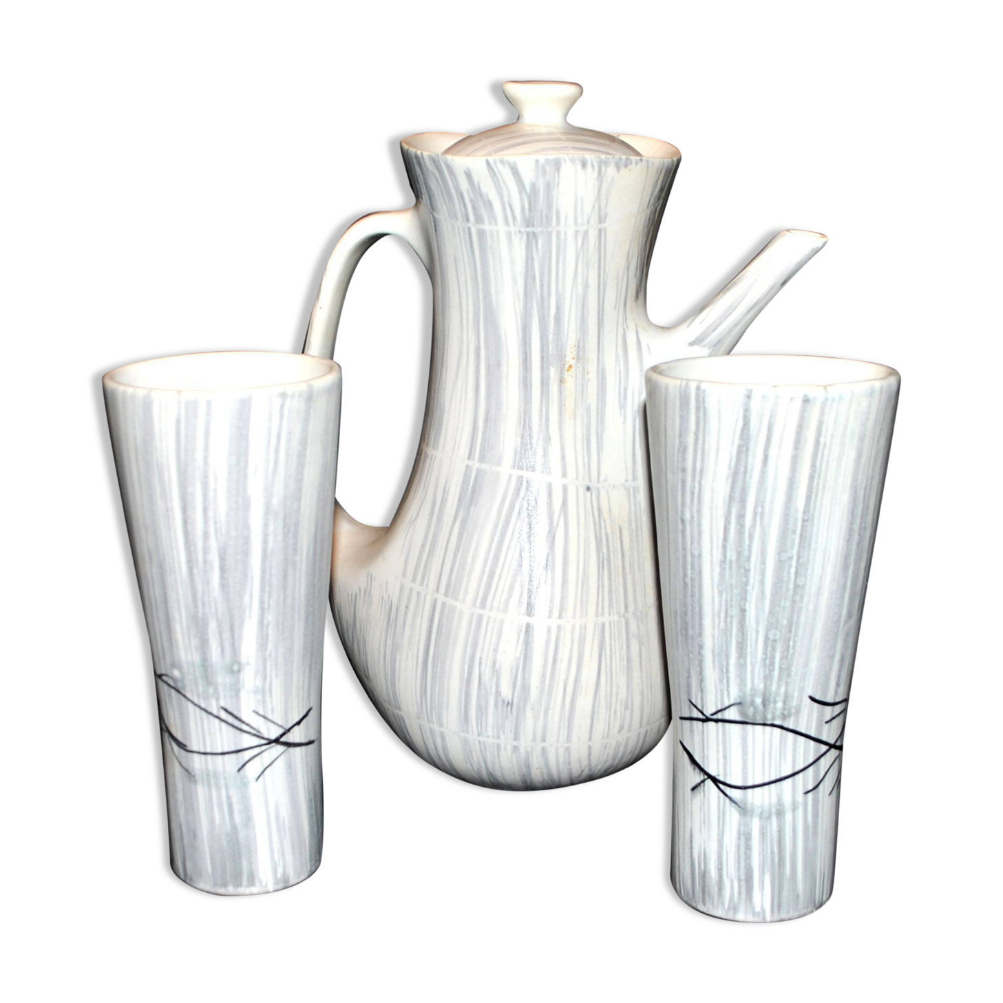 Vintage Niderviller Modernist Ceramic Coffee Pot 1960 with 2 Cups