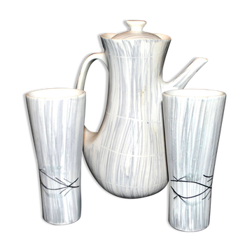 Cafetière et 2 tasses modernistes en céramique de Niderviller, 1960